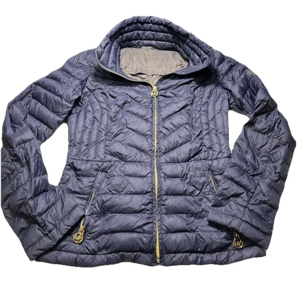 Michael‎ Kors Packable Puffer Jacket Womens XS Navy Green Plaid Zip Up Coat